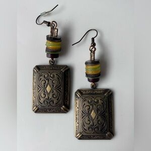Antiqued Dangle Square Engraved Earrings Beaded Handmade Handcrafted Tibetan